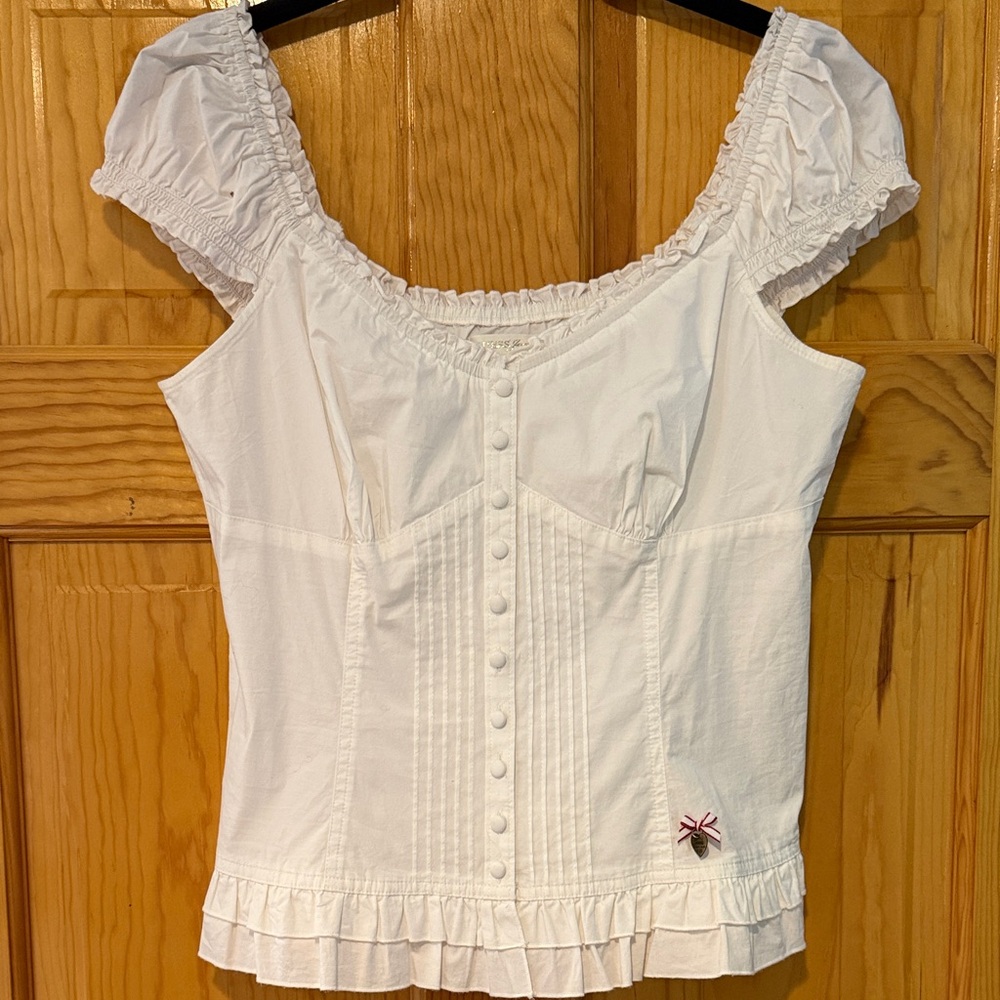 Guess White Ruffled Square-Neck Button Front Top